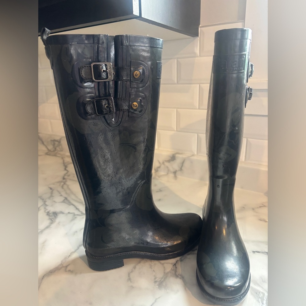 Pajar Black Patterned Rain Boots with Buckle Detail